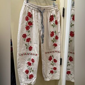 Floral Embroidered Pants with Red Flowers